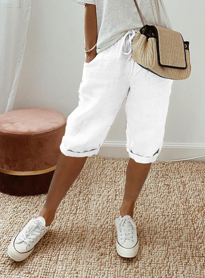 Women's Cotton And Linen Pocket Elasticated Slacks Women's Short Pants