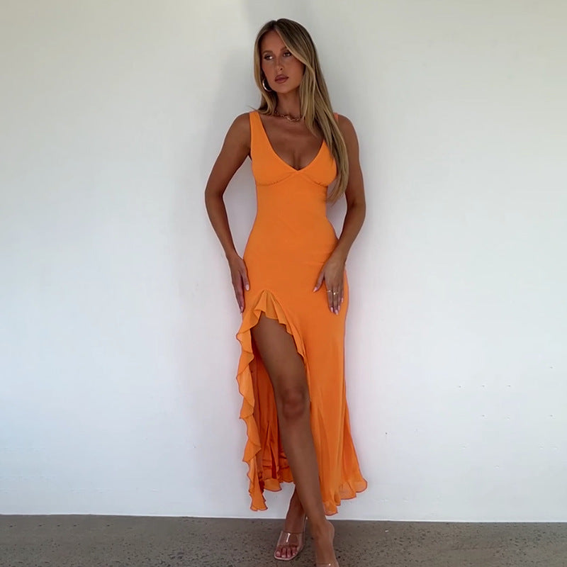 Women's Suspender Dress V-neck Flounce