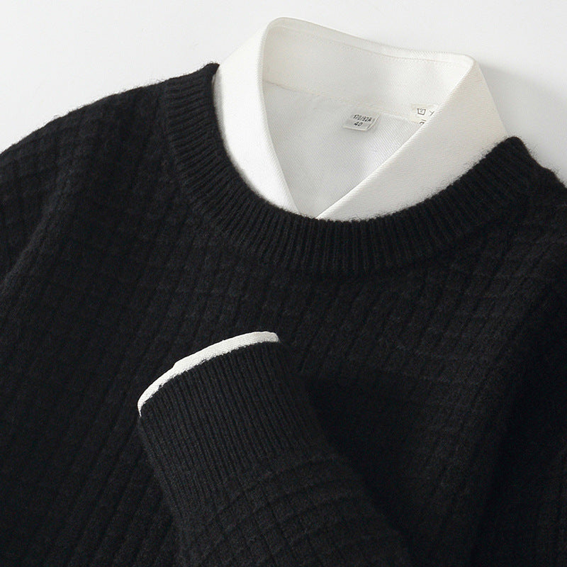 Men's Round Neck Woolen Sweater Business Casual Plaid Jacquard