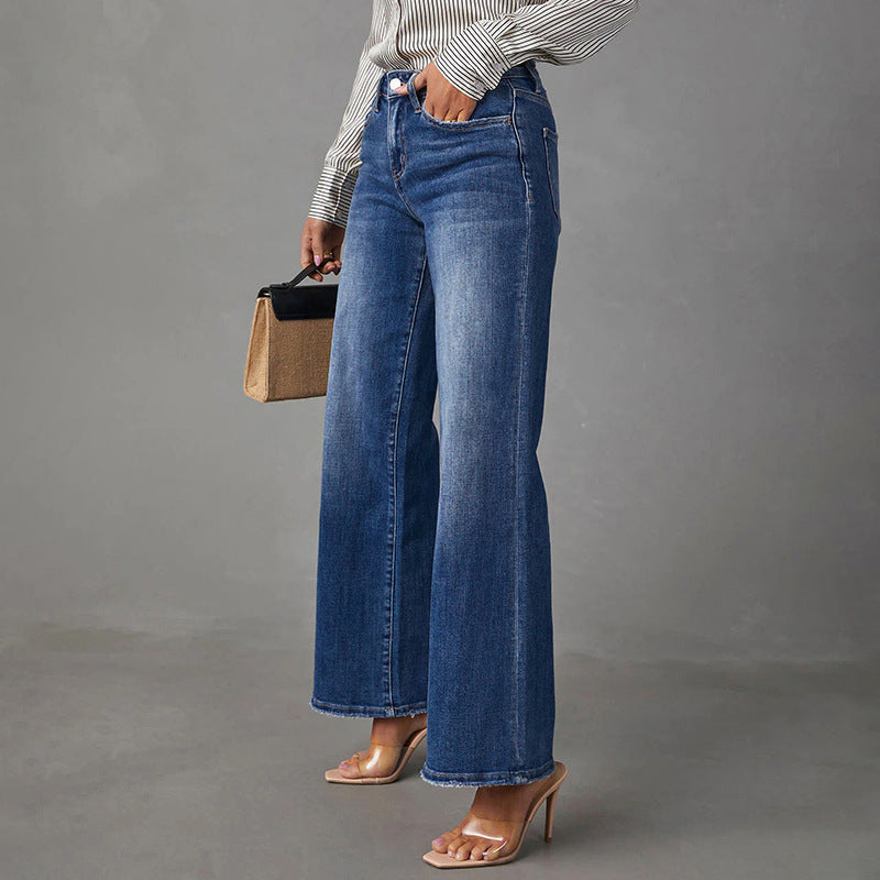 Washed Dark Blue Straight High Elastic Women's Denim Jeans