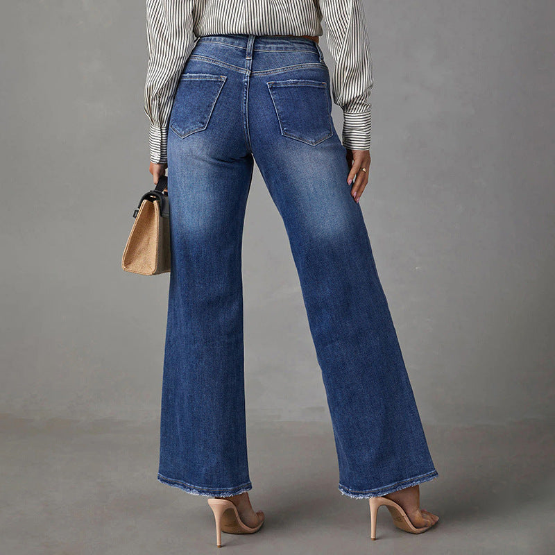 Washed Dark Blue Straight High Elastic Women's Denim Jeans