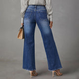 Washed Dark Blue Straight High Elastic Women's Denim Jeans