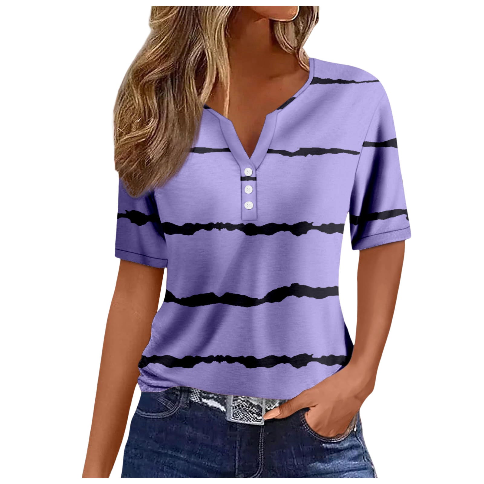 Women's V-neck Printed Loose Short Sleeve Tops