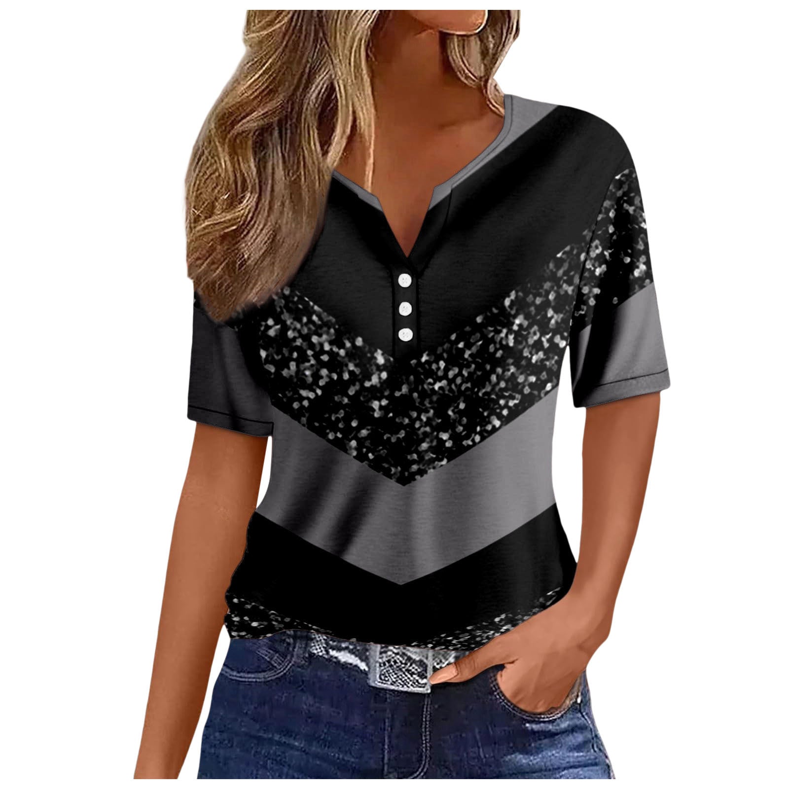 Women's V-neck Printed Loose Short Sleeve Tops