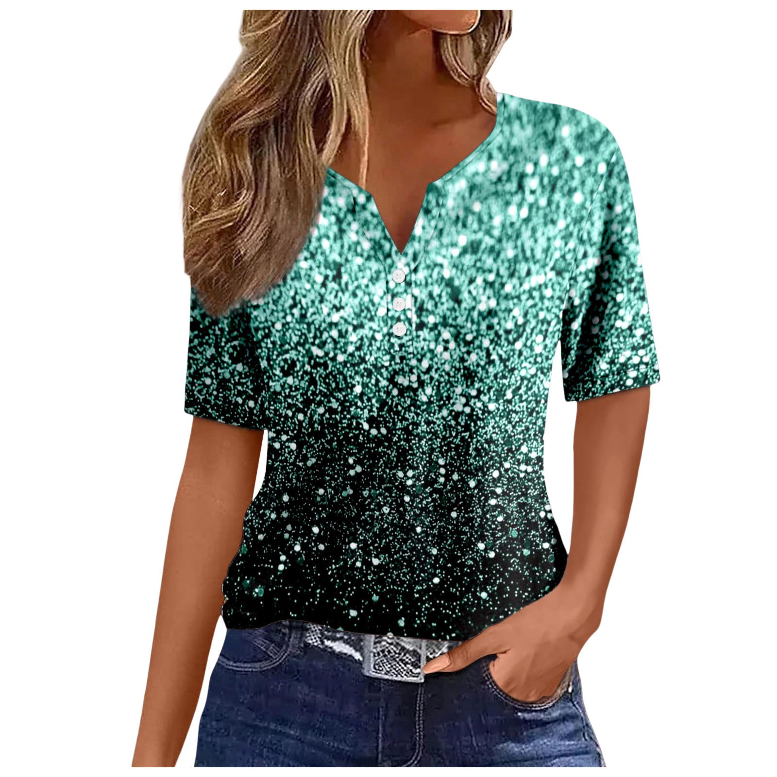 Women's V-neck Printed Loose Short Sleeve Tops