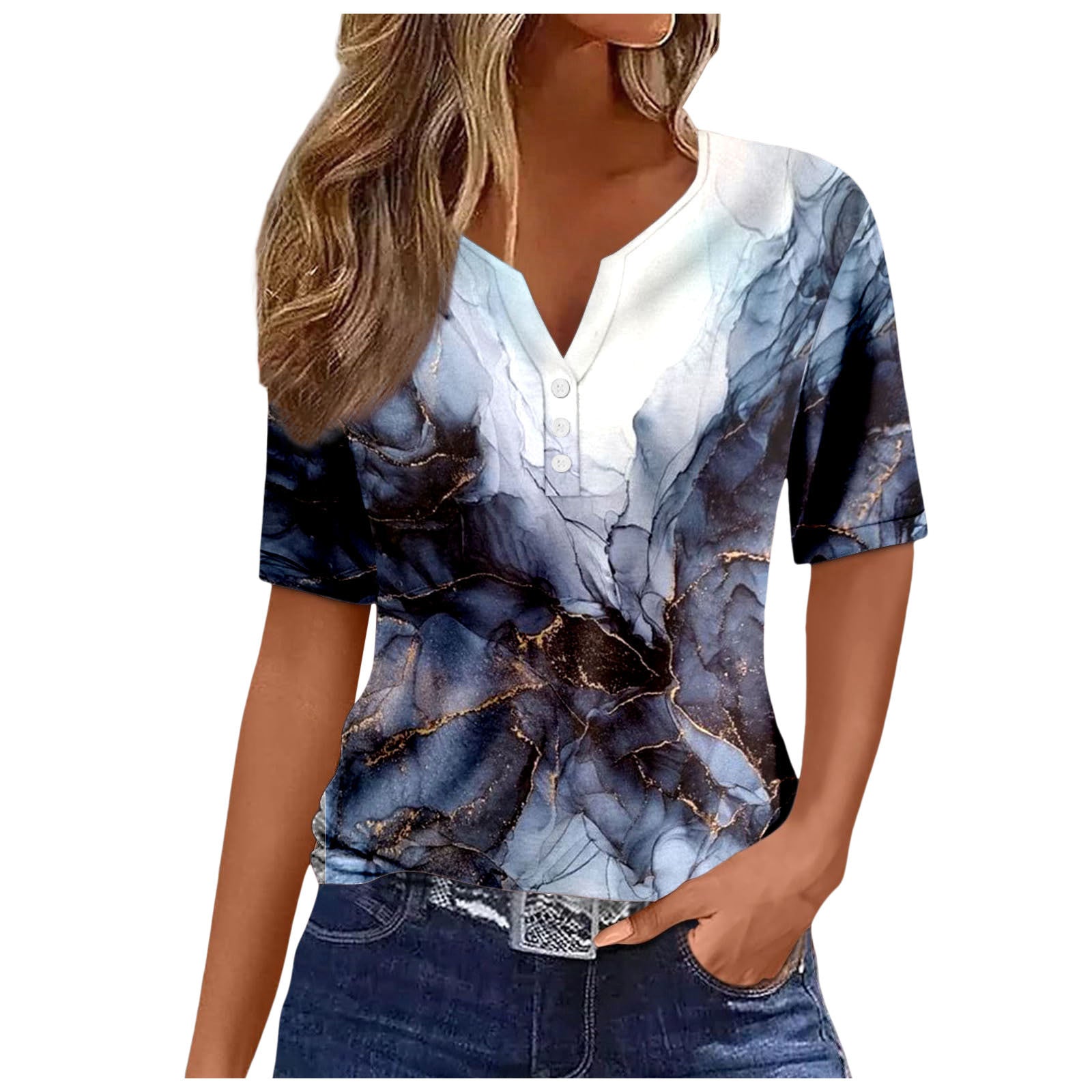 Women's V-neck Printed Loose Short Sleeve Tops