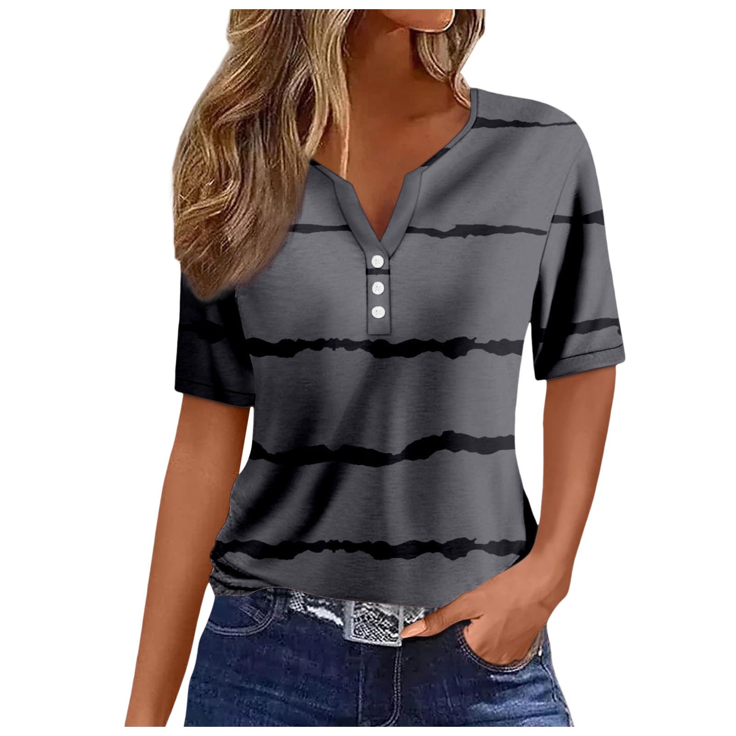 Akatonbo Women'S V-Neck Printed Loose Short Sleeve Tops