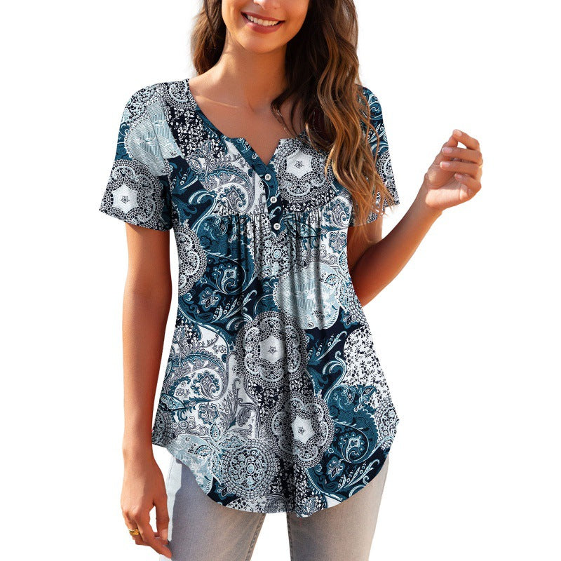 Women's Loose Fitting Floral Top. Short Sleeve For Spring and Summer