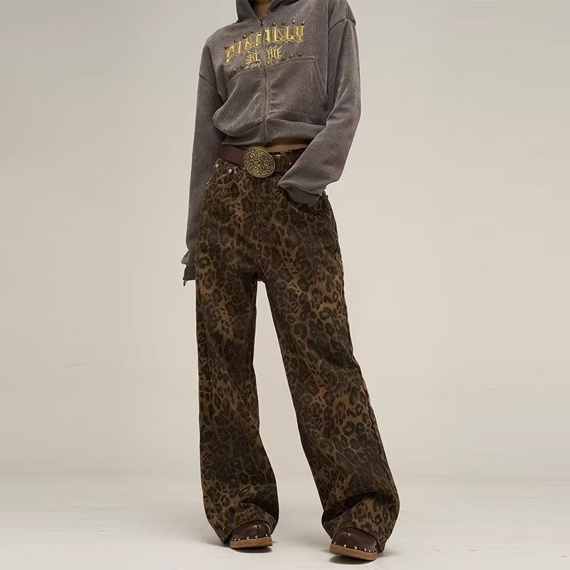 Akatonbo Women'S American-Style Vintage Leopard Print Jeans