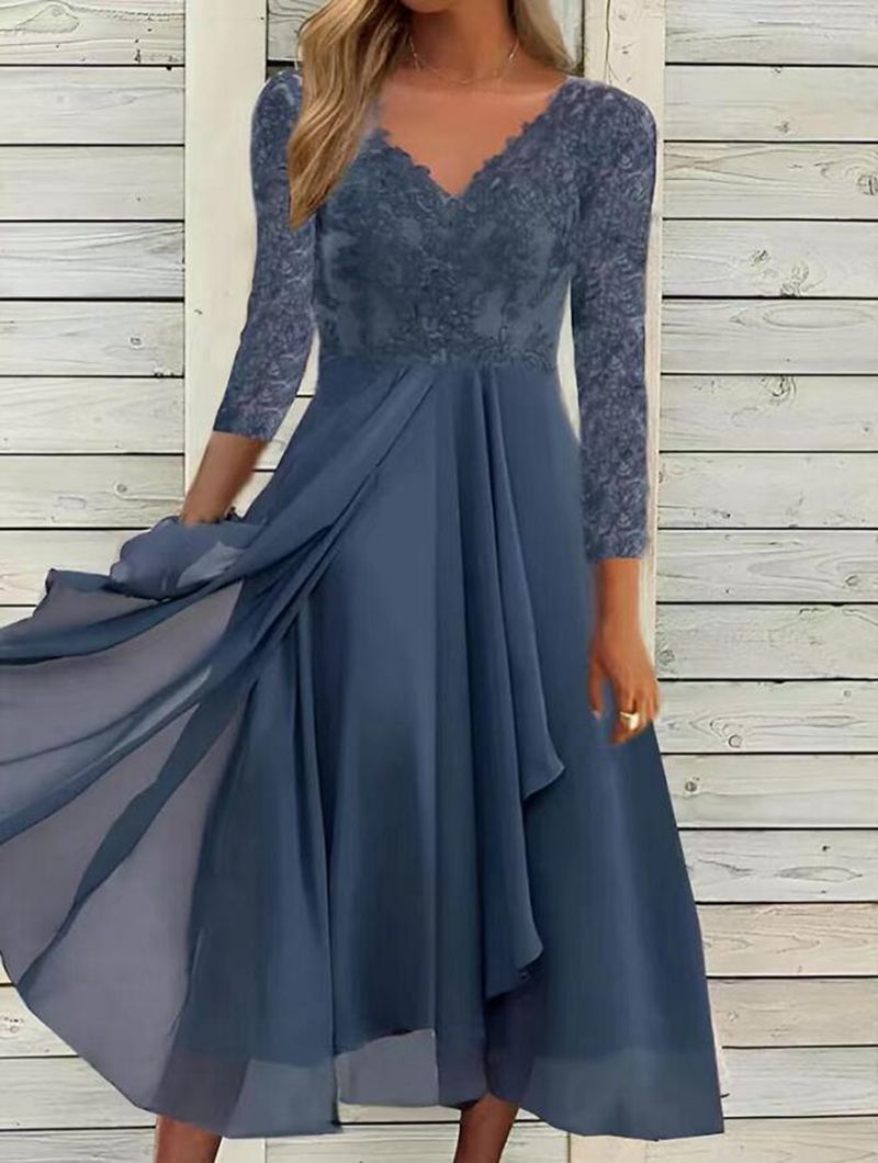 Akatonbo Long Sleeve Chiffon Dress V-Neck Patchwork Women