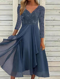 Long Sleeve Chiffon Dress V-neck Patchwork Women