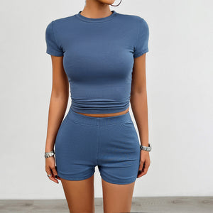 Women's Fashion Solid Color Slim Short Sleeve Shorts Suit