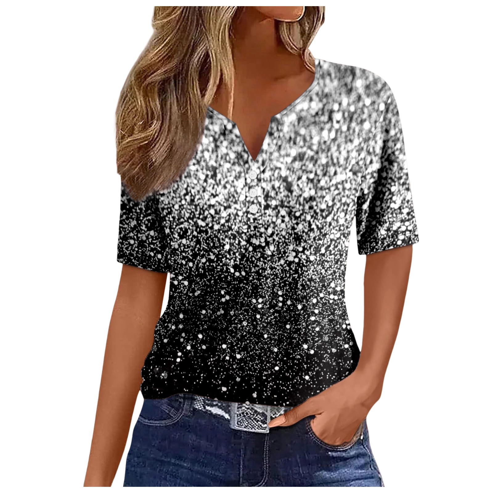 Women's V-neck Printed Loose Short Sleeve Tops