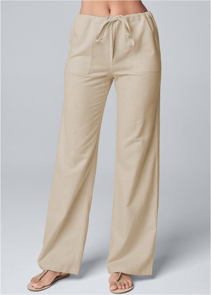 Women's Fashion Solid Color Loose Lace-up Cotton And Linen Wide-leg Pants