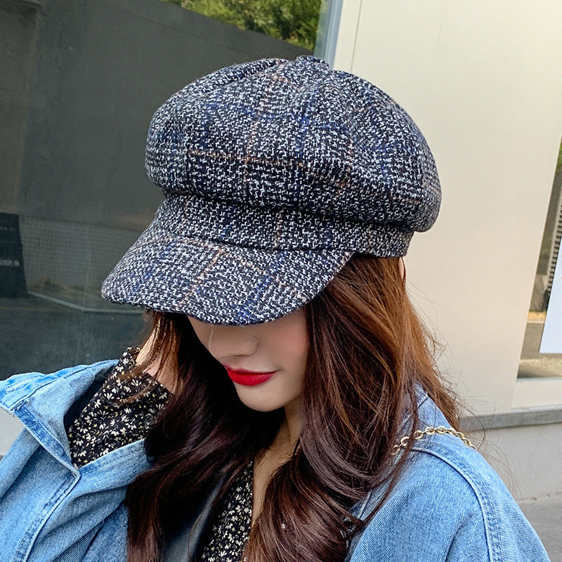 Thickened Plaid Woolen Octagonal Cap Women