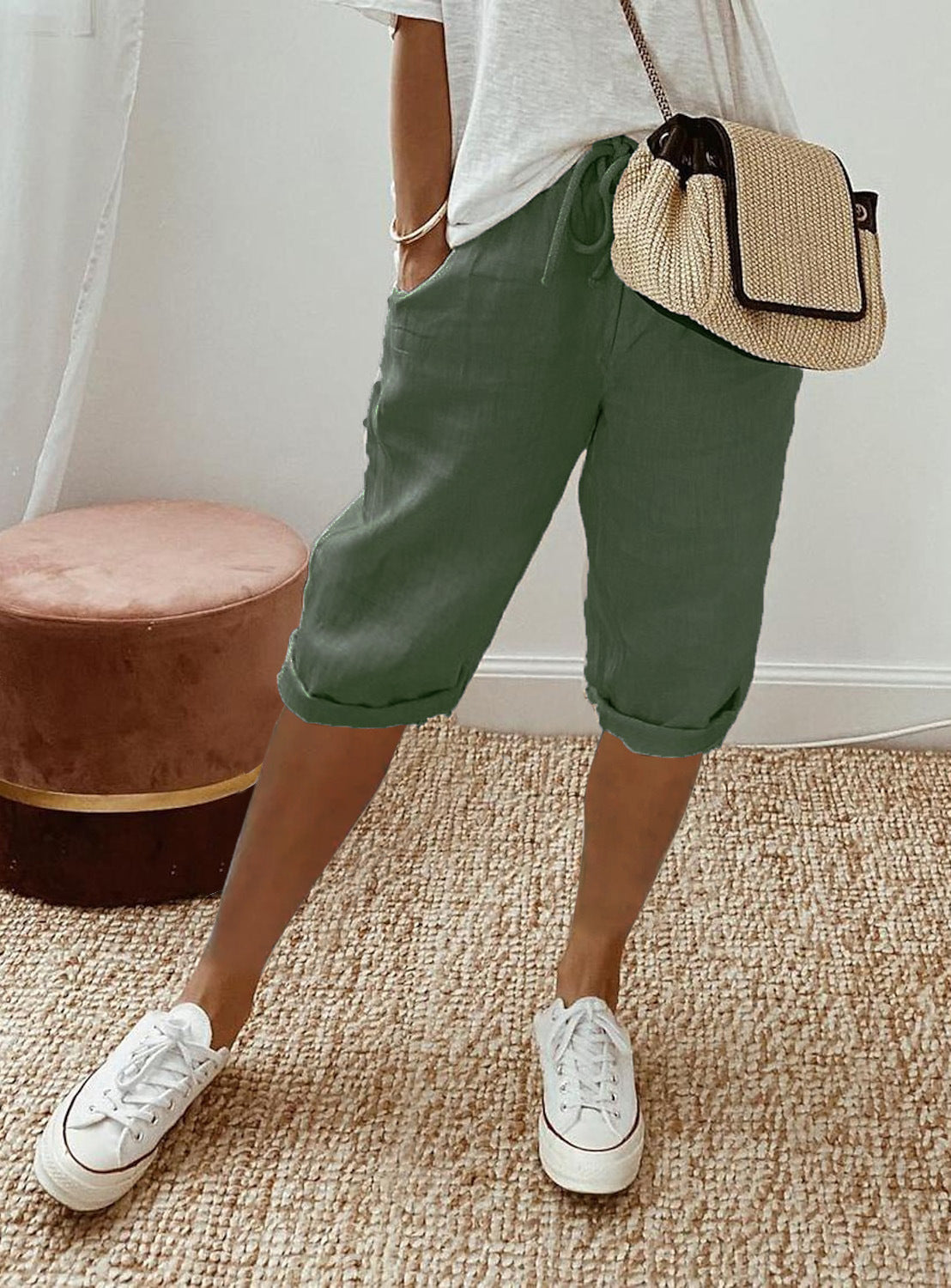 Pantalones cortos elásticos de algodón y lino para mujer con bolsillos