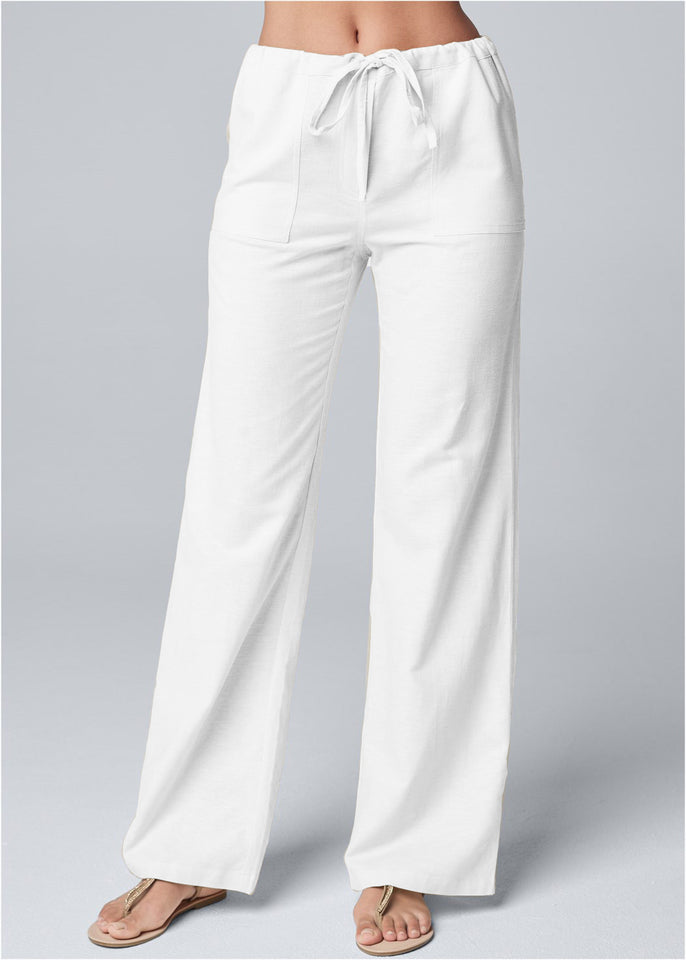 Women's Fashion Solid Color Loose Lace-up Cotton And Linen Wide-leg Pants