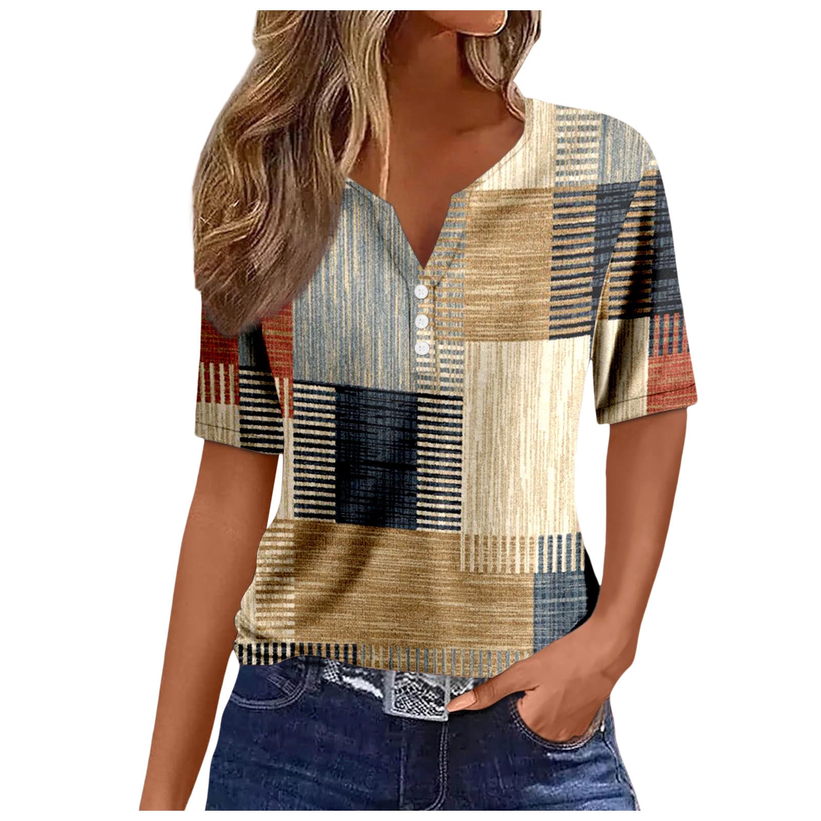 Women's V-neck Printed Loose Short Sleeve Tops