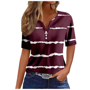 Women's V-neck Printed Loose Short Sleeve Tops
