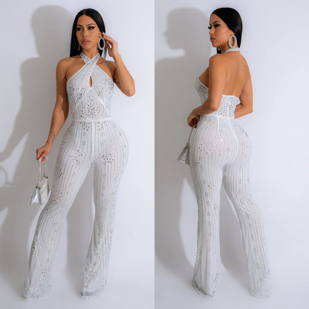 Rhinestone Sleeveless Halter Jumpsuit