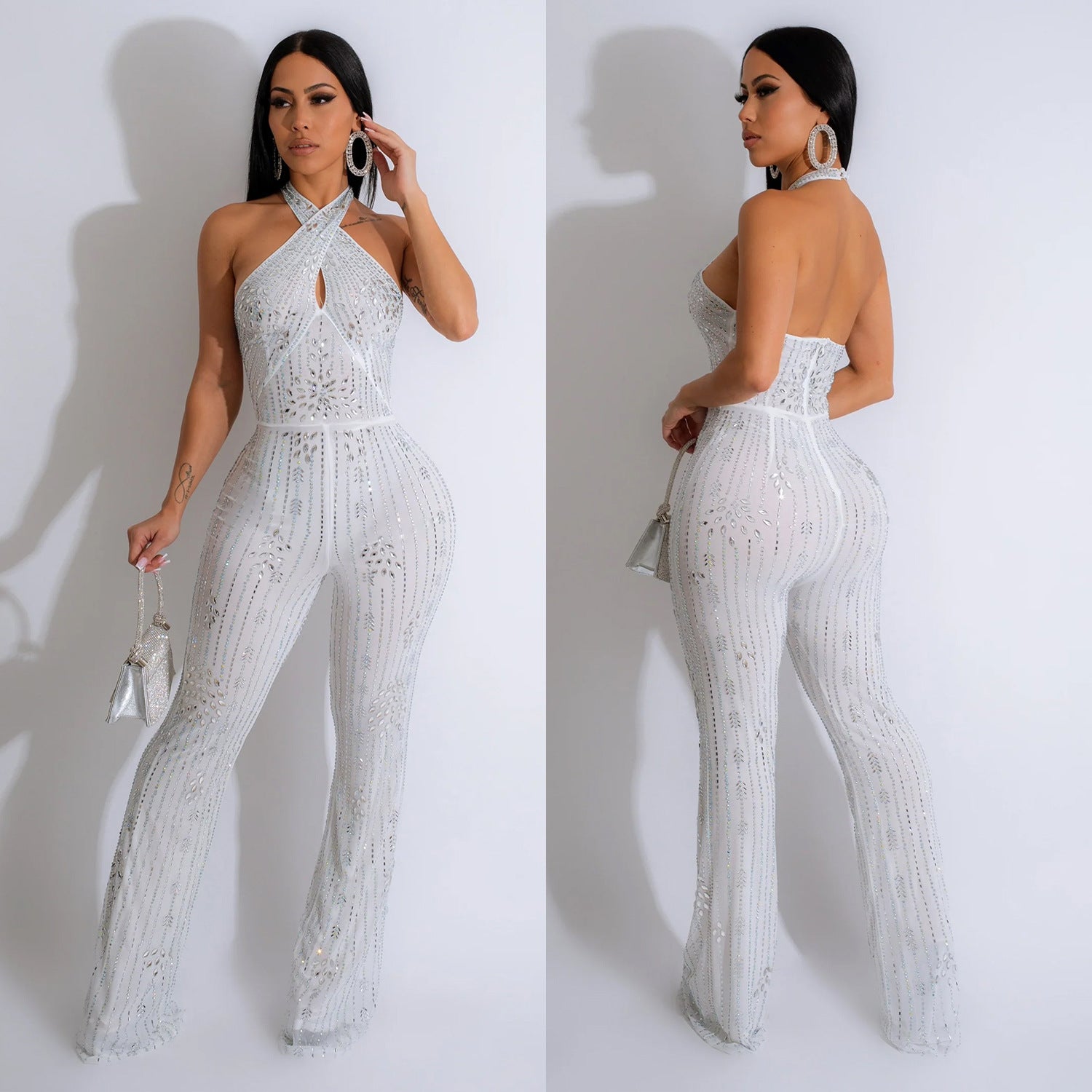 Rhinestone Sleeveless Halter Jumpsuit