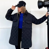 Long Breasted Lapel Loose And Warm Rhombus Cotton-padded Jacket