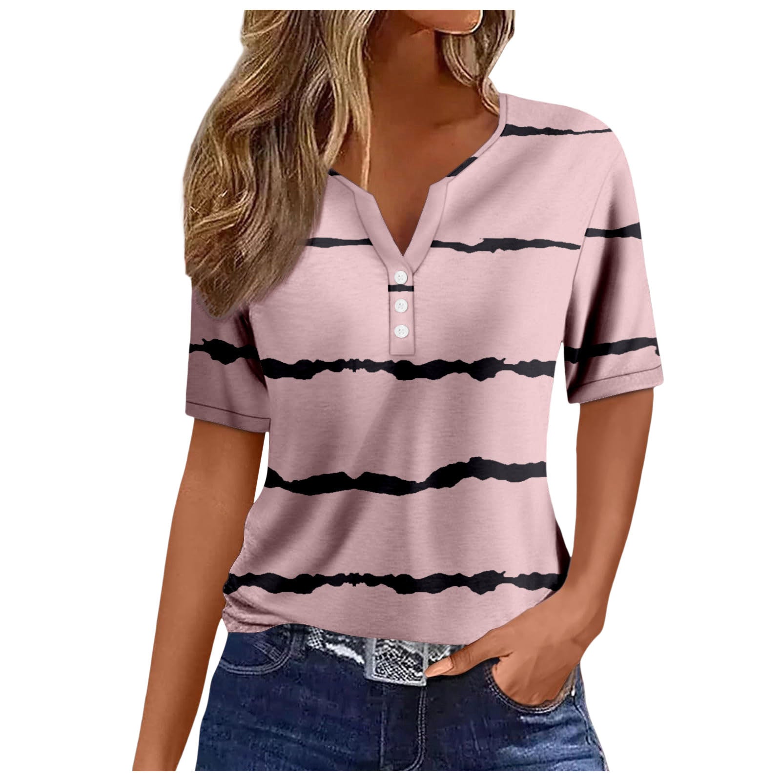 Women's V-neck Printed Loose Short Sleeve Tops