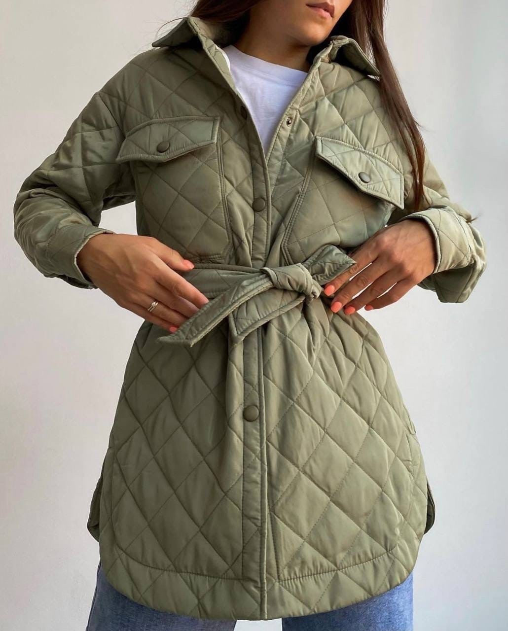 Chaqueta acolchada de algodón larga, con solapa, suelta y cálida con diseño de rombos