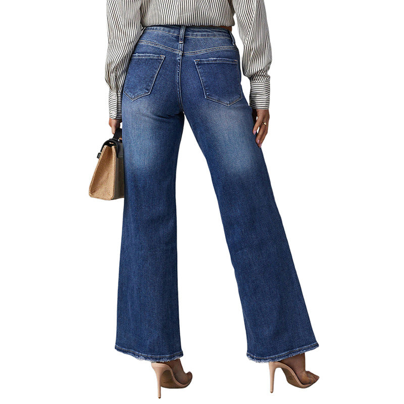 Washed Dark Blue Straight High Elastic Women's Denim Jeans