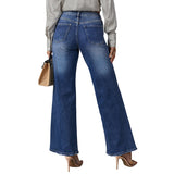 Washed Dark Blue Straight High Elastic Women's Denim Jeans
