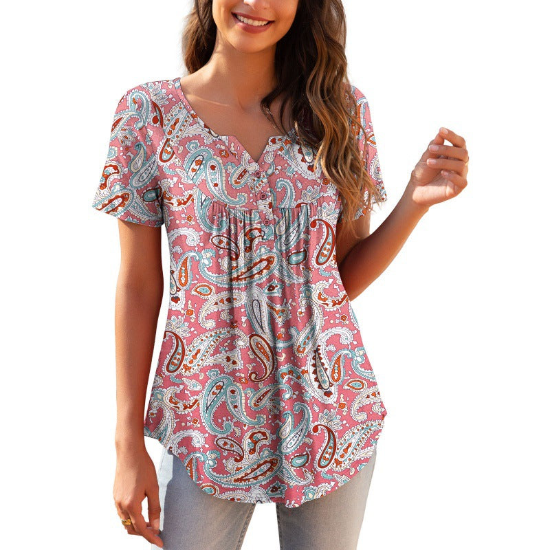 Women's Loose Fitting Floral Top. Short Sleeve For Spring and Summer