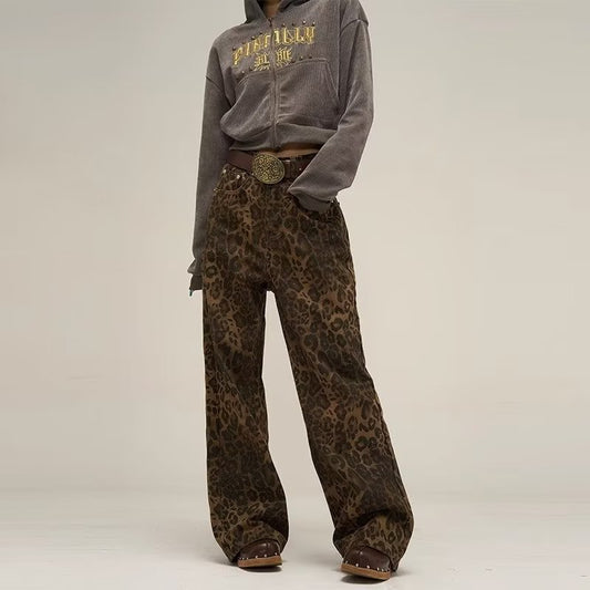 Akatonbo Women'S American-Style Vintage Leopard Print Jeans