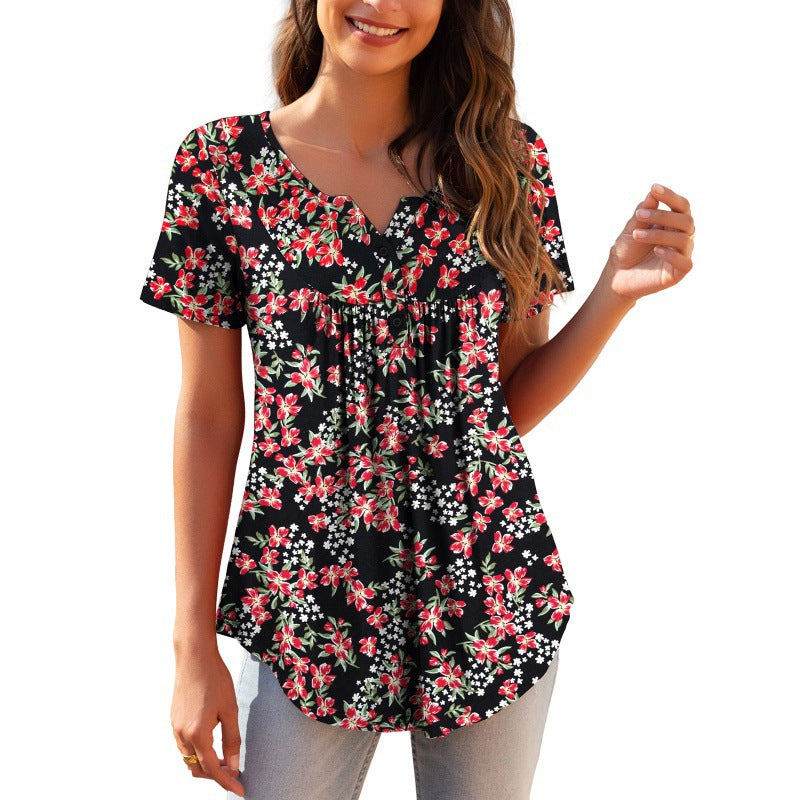 Women's Loose Fitting Floral Top. Short Sleeve For Spring and Summer