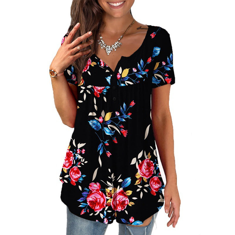 Women's Loose Fitting Floral Top. Short Sleeve For Spring and Summer