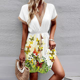 Printed Short Sleeve Lace V-neck Tight Waist Dress