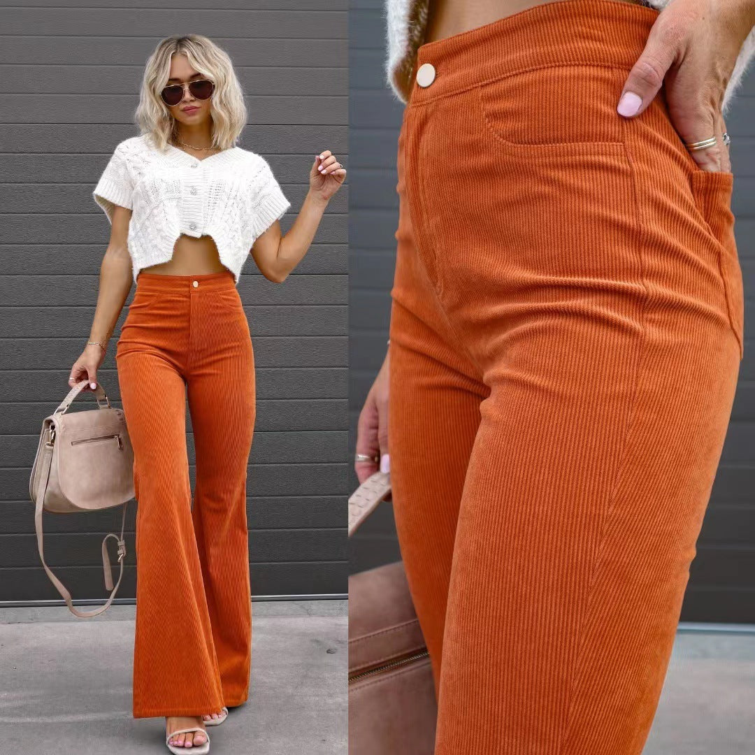 Akatonbo Solid Color Mid-Waist Slim-Fit Micro Flared Pants Corduroy