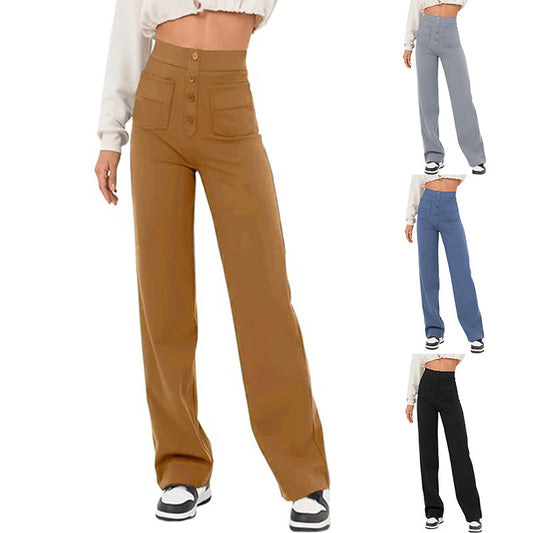 Akatonbo Women'S Clothing High Waist Pocket Wide Leg Button Casual Loose Straight Trousers