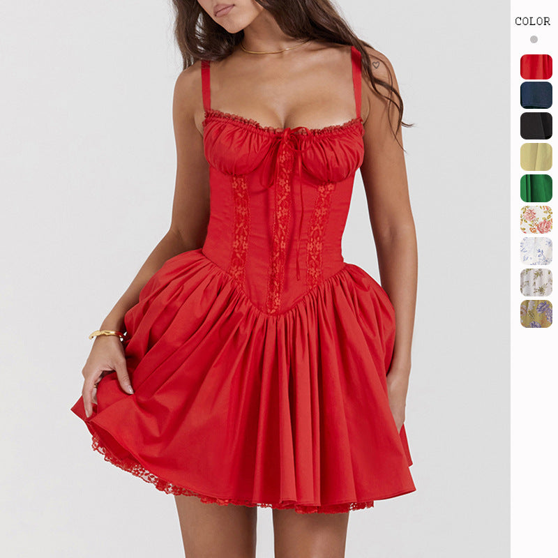 Sexy Lace Suspender Dress Summer Fashion Lace-up Slim Waist Pleated Short Dress