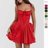 Sexy Lace Suspender Dress Summer Fashion Lace-up Slim Waist Pleated Short Dress