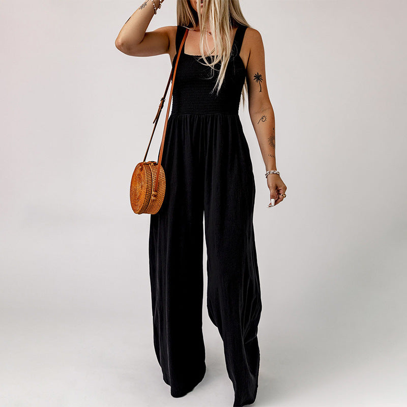 High Waist Jumpsuit Women's Backless Pleated Design Wide Leg Trousers