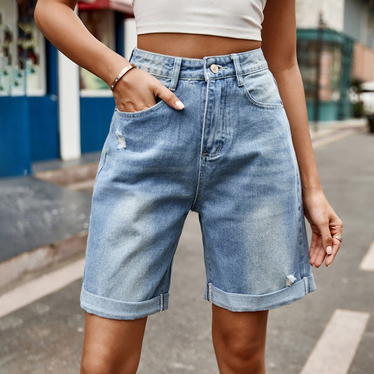 Shop Distressed Buttoned Denim Shorts with Pockets - Women's Fashion | Akatonbo