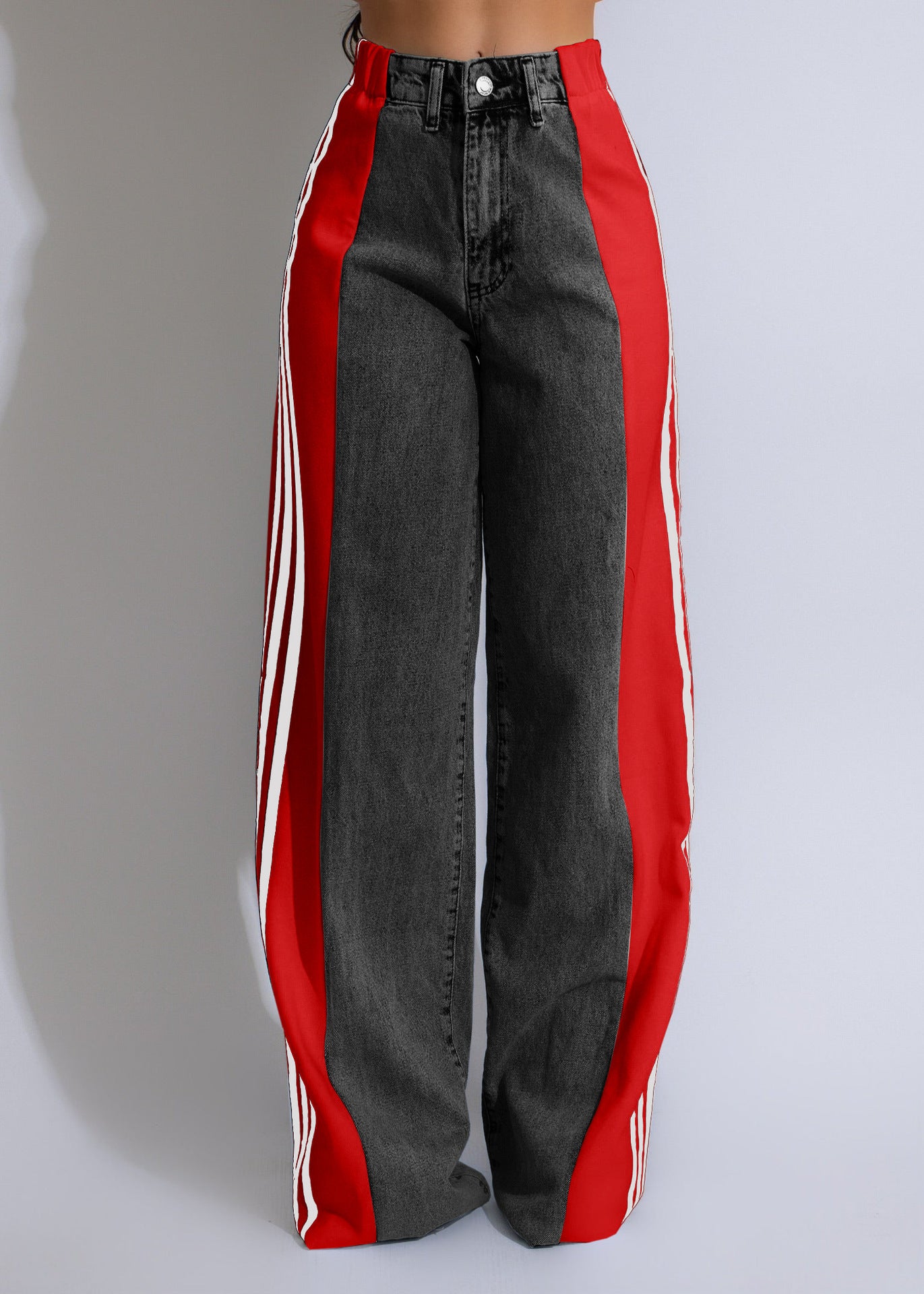 Pantalon large en jean à rayures patchwork trois bandes, taille haute élastique, coupe droite, décontracté, streetwear, collection 2024