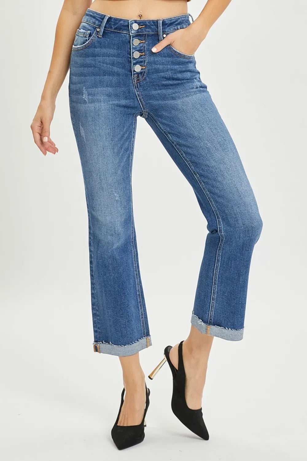 Shop RISEN Full Size Button Fly Cropped Bootcut Jeans - Women's Fashion | Akatonbo