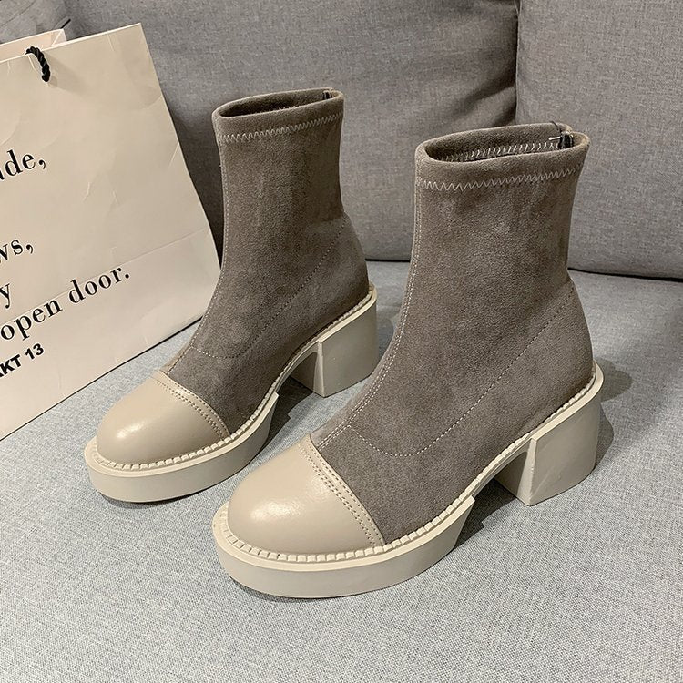 Women Short Boots With Thick Heel Stitching