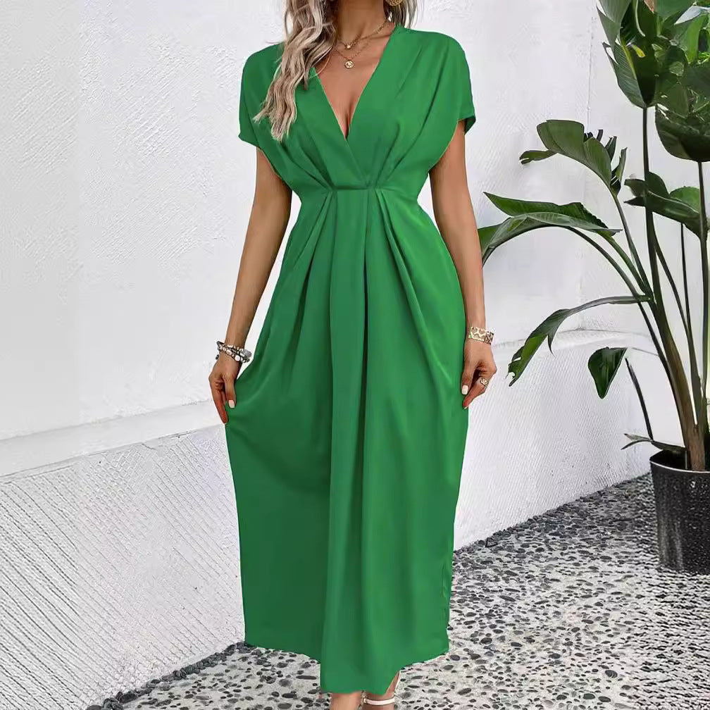 Robe longue unie à col en V profond, manches à épaules plissées et taille élastique
