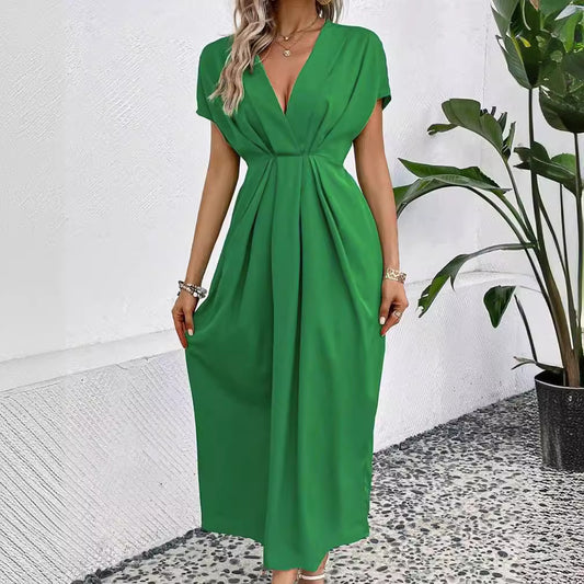Akatonbo Solid Color Deep V Shoulder Sleeve Folding Elastic Waist Long Dress