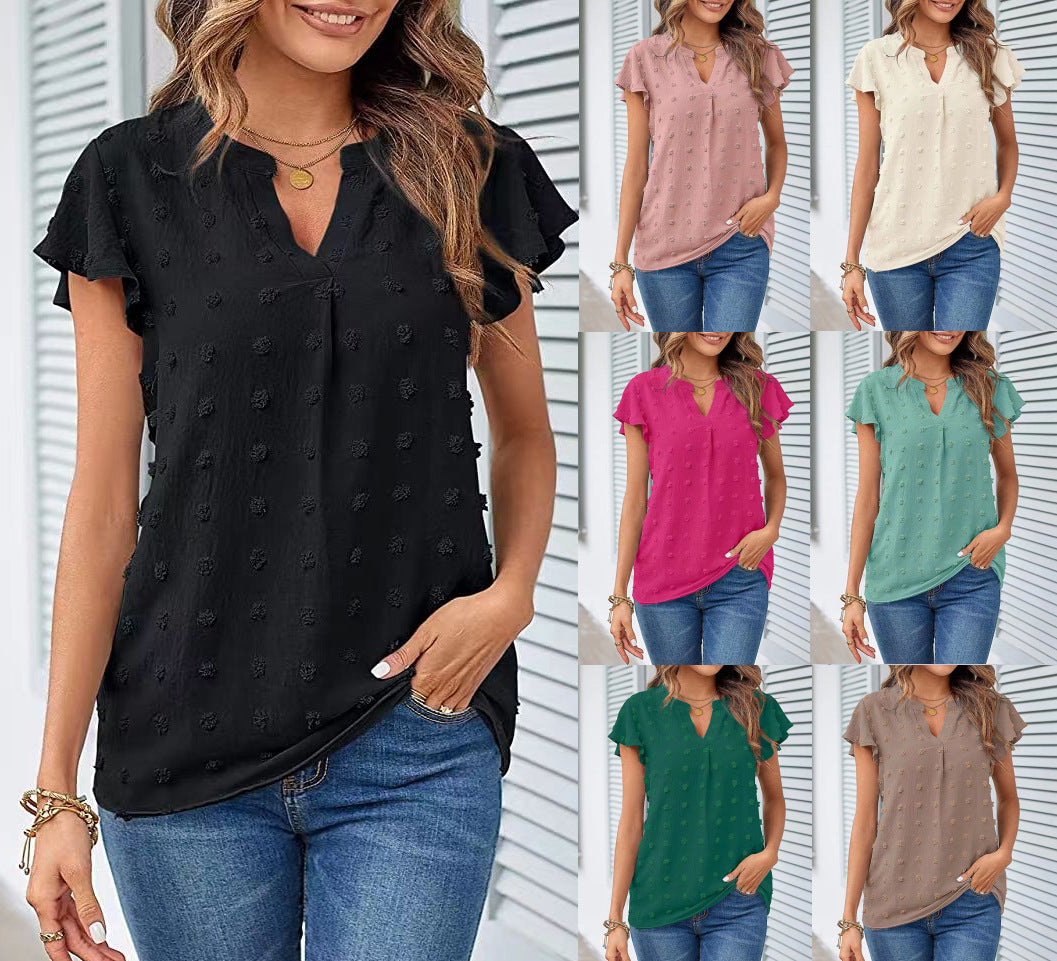 Akatonbo Women Summer V Neck Ruffle Short Sleeve Blouse Dot Flowy Shirt Top