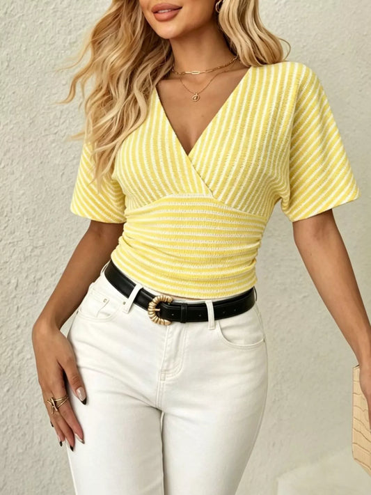 Shop Striped Surplice Short Sleeve Top - Women's Fashion | Akatonbo