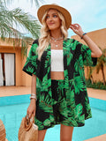 2pcs Casual Holiday Leaves Print Suit Summer Short Sleeve Shirt Top And Drawstring Shorts Sets For Womens Clothing