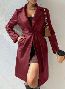 Long Sleeve Lapel PU Leather Jacket With Pockets Slim Fit Long Trench Coat Women's Clothing